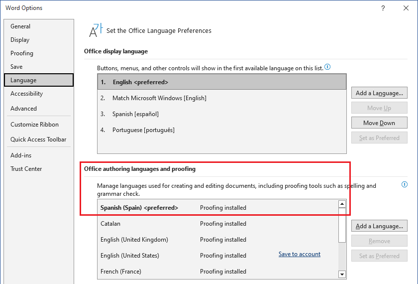 Screenshot of Microsoft Word Options dialog box highlighting the 'Office authoring languages and proofing' section with Spanish (Spain) set as preferred.