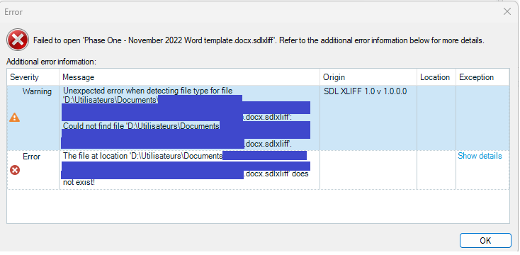 Error message in Trados Studio showing 'Failed to open' a file with warnings about an unexpected error detecting file type and the file not being found at the specified location.