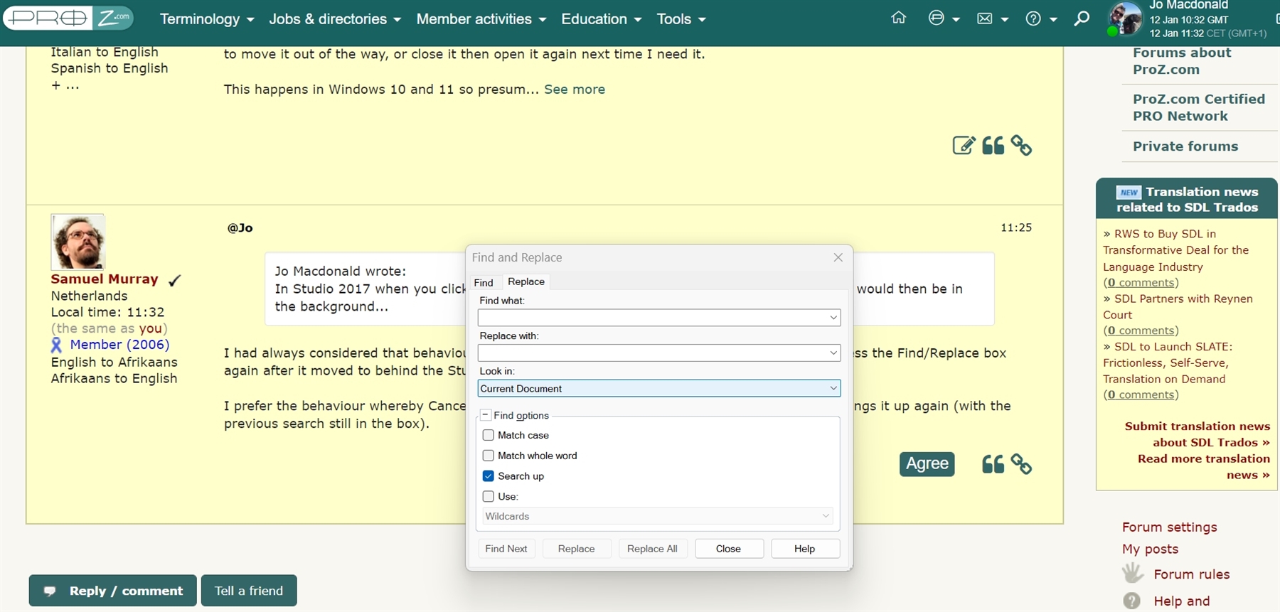 Screenshot of a forum post discussing the persistent on-top behavior of the Find and Replace dialog box in Trados Studio 2022 on a Windows operating system.