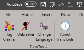 Screenshot of PowerPoint Add-ins ribbon with TransTools selected, showing options like Tag Cleaner, Unbreaker, Change Language, and About TransTools.
