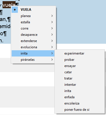 Screenshot of Trados Studio showing a pop-up menu with Spanish synonyms for a selected word. The right submenu with synonyms is clickable.