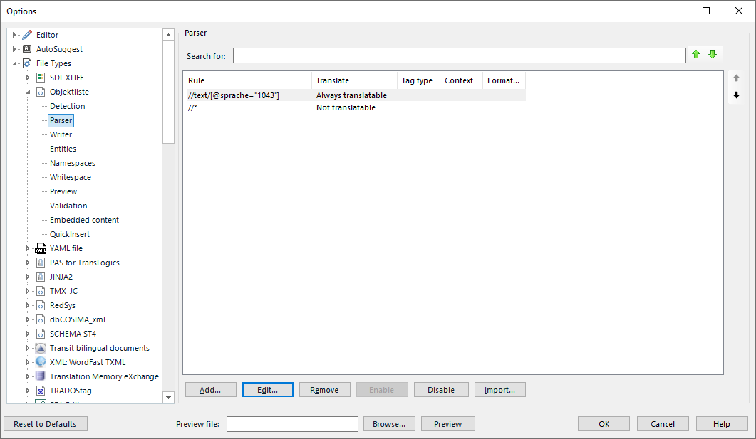 Trados Studio parser options window showing a rule for always translatable text with the regex for language code 1043.