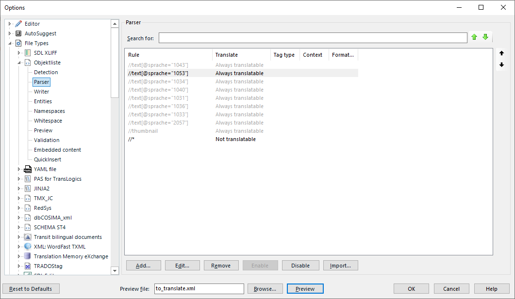 Trados Studio screenshot showing file type options with rules for language codes set to always translatable, except for '*' set as not translatable.