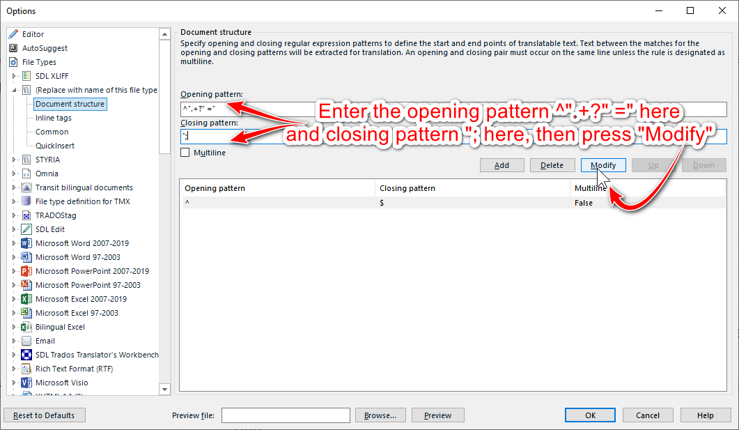 Trados Studio options window showing Document structure settings with instructions to enter opening pattern '.*?=' and closing pattern ';' in the text fields, then click 'Modify'.