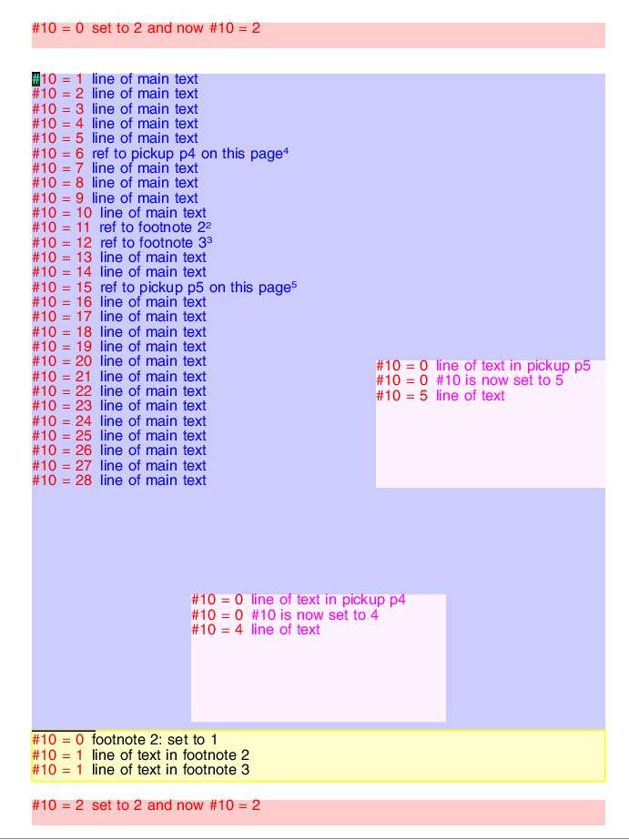 Screenshot of Trados Studio page with number register values incrementing for each line of main text and different values set in pickups and footnotes.