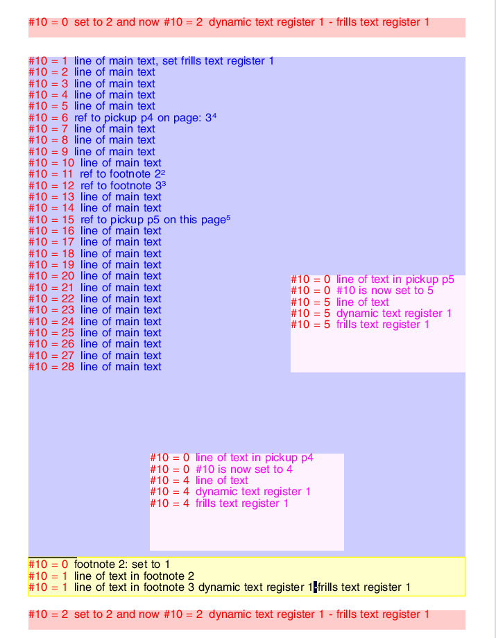 Screenshot of Trados Studio page with number register values incrementing for each line of main text and dynamic text register values set and read within the page.