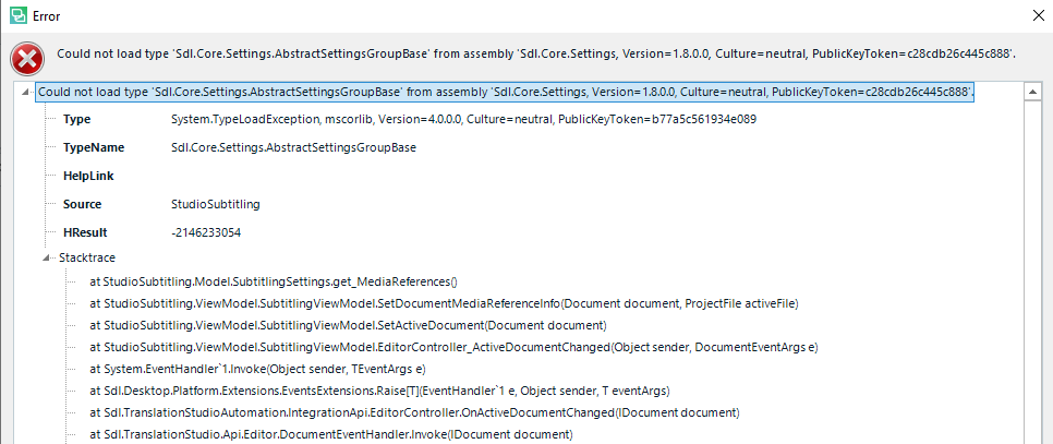 Detailed error message in Trados Studio showing a 'System.TypeLoadException' with a stack trace of the error's source.