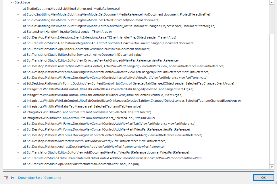 Extended stack trace information for the Trados Studio error, showing various method calls and their sources.