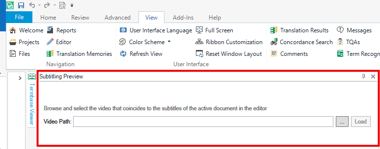 Subtitling Preview window in Trados Studio with a field to browse and select the video path and a 'Load' button.