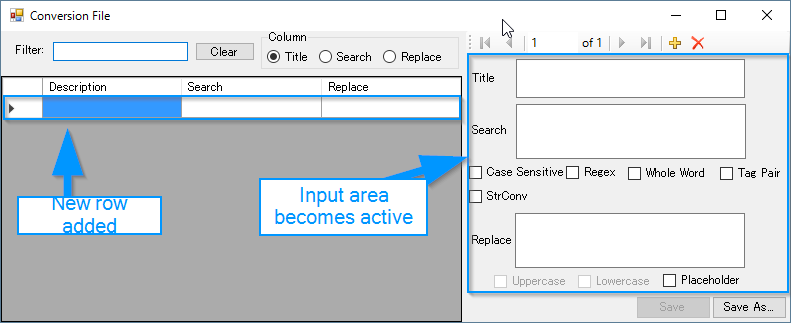Screenshot of Trados Studio Conversion File window showing a new row added and an active input area for search and replace functions.