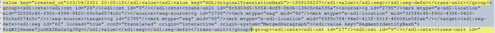 Screenshot of Trados Studio XLIFF code highlighting segment id '68' which is locked and marked as 'Translated' with origin 'interactive' and 'MergeParagraph' system.