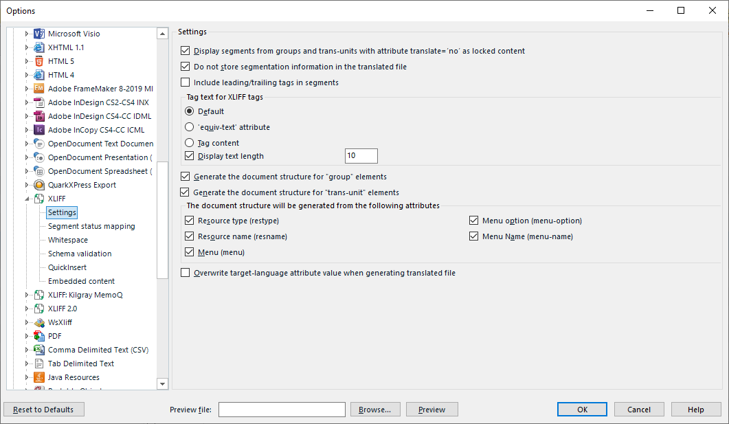 Trados Studio project settings window showing XLIFF file type options with 'Do not store segmentation information in the translated file' checkbox selected.