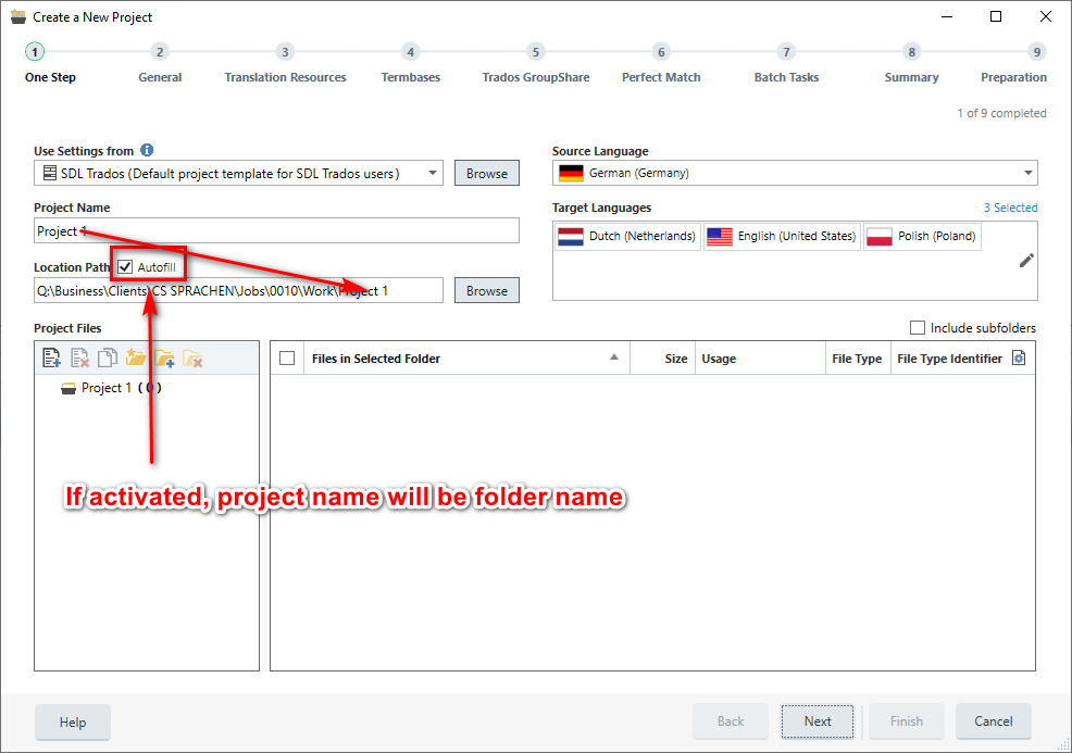 Trados Studio 'Create a New Project' window with an error icon next to 'Location Path' field and a note saying 'If activated, project name will be folder name'.