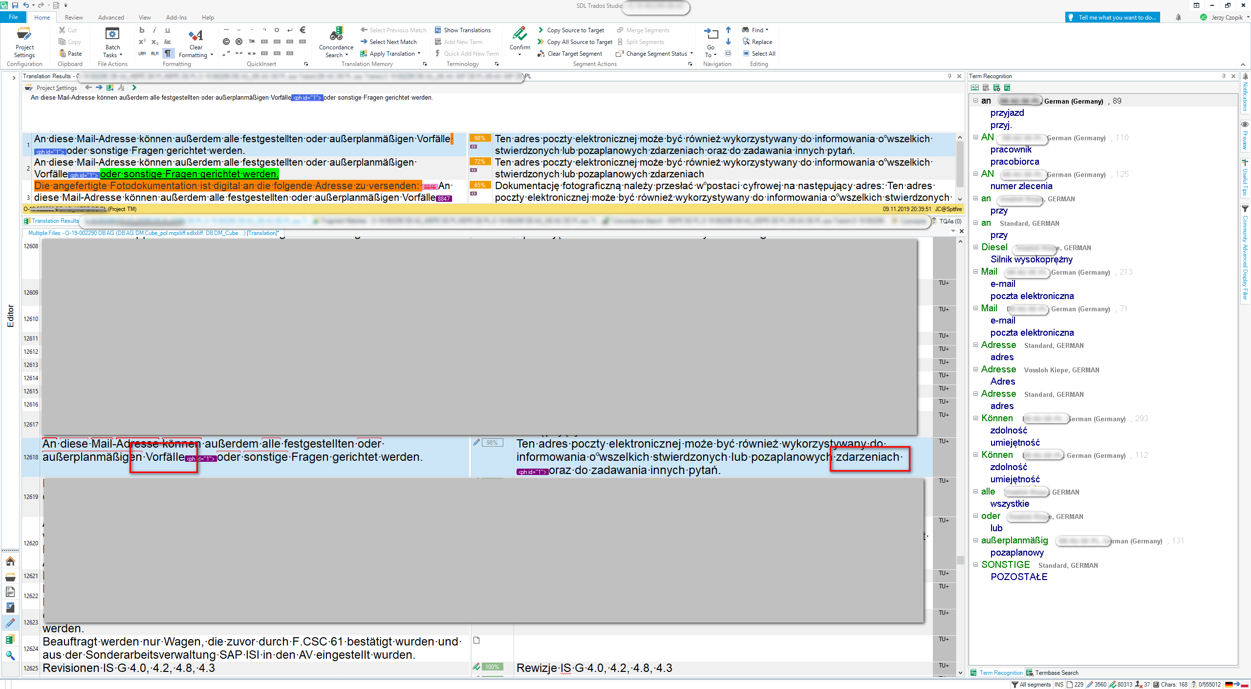 Screenshot of Trados Studio interface showing a segment of text in German with a term highlighted in blue, and the term recognition pane on the right displaying the term 'Vorfalle' as a new entry in the terminology database.