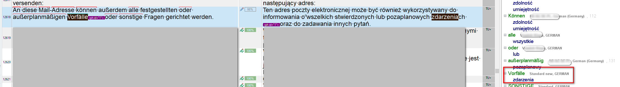 Close-up view of the Trados Studio term recognition pane with the term 'Vorfalle' highlighted in red, indicating it is a newly added term to the terminology database.