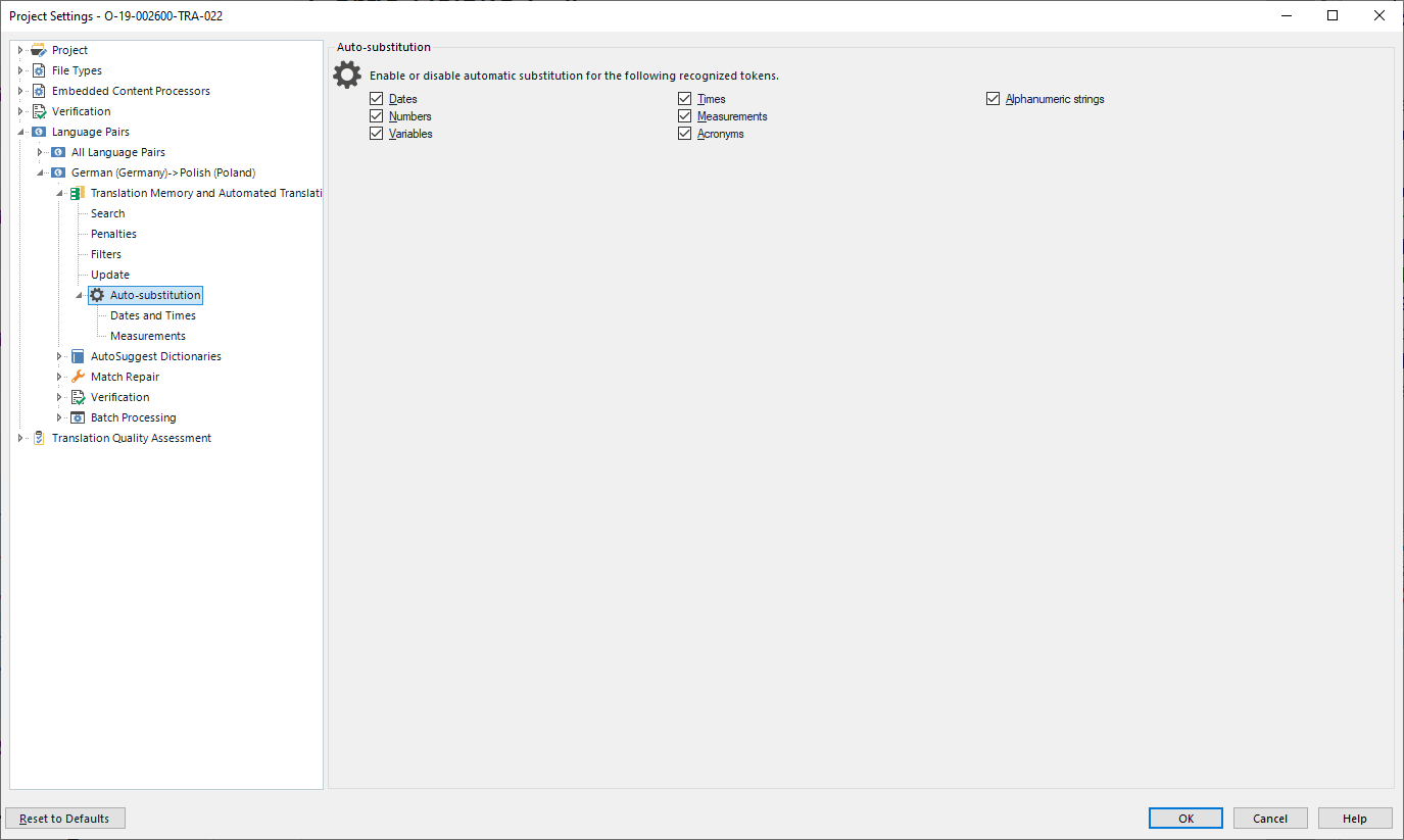 Screenshot of Trados Studio Project Settings window showing Auto-substitution options for Dates and Times, Numbers, Measurements, Acronyms, and Alphanumeric strings.