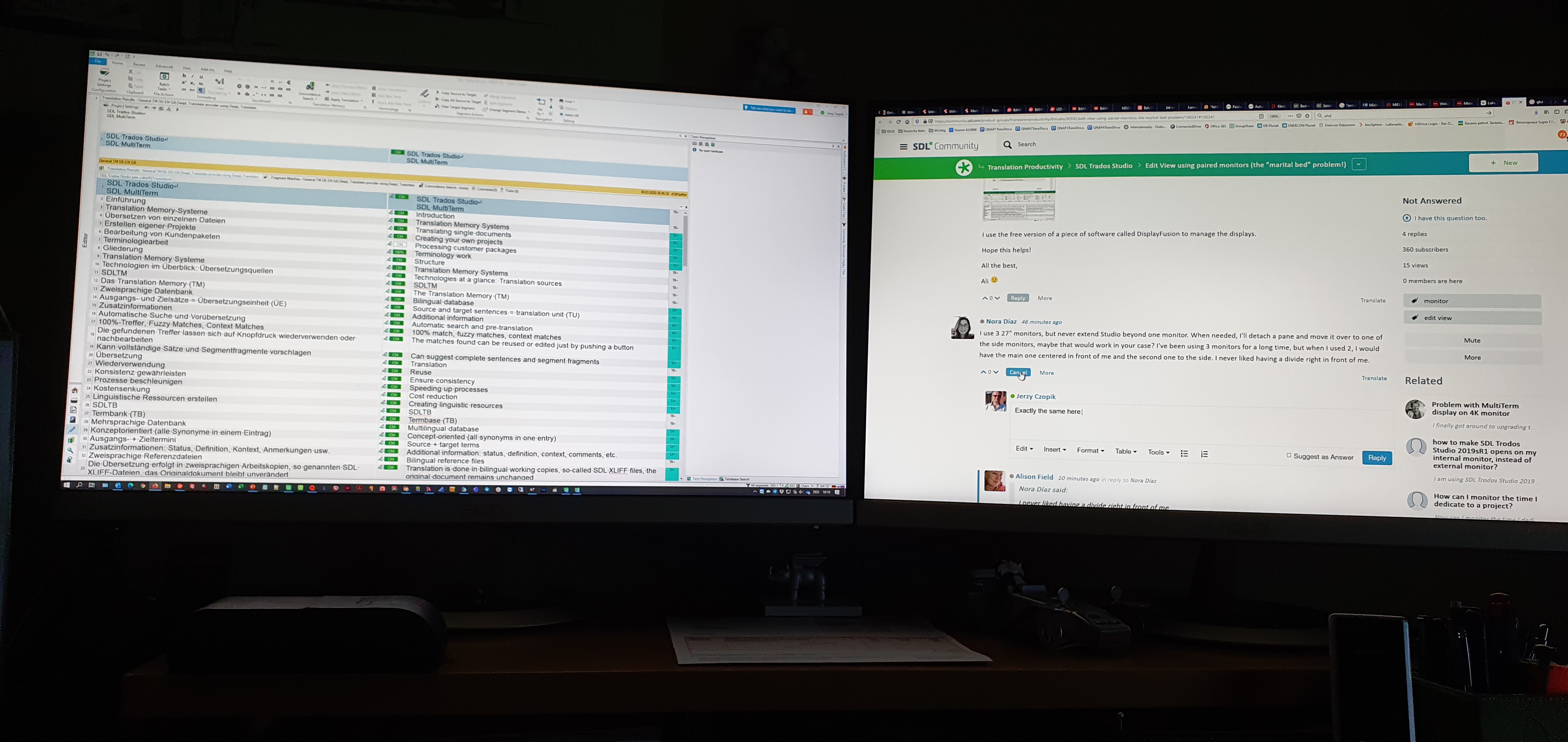 Screenshot of Trados Studio software on the left monitor, showing various menu options and features related to translation memory systems and terminology work.