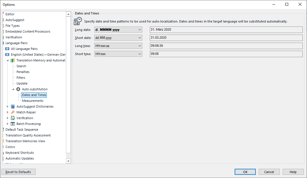 Trados Studio Options dialog showing Auto-substitution settings for Dates and Times with patterns for long date as 'd. MMMM yyyy' and example '31. Marz 2020'.