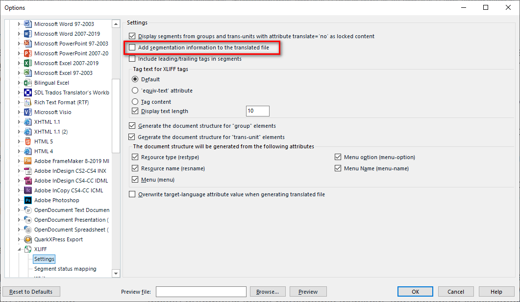 Trados Studio Project Settings window showing File Types options with 'Add segmentation information to the translated file' option highlighted in red.