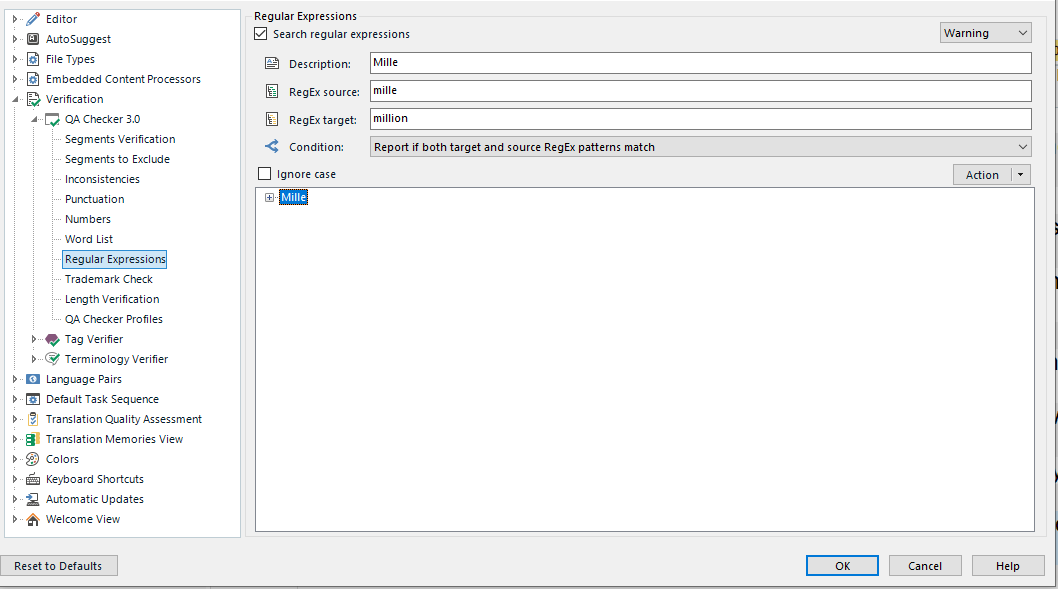 Trados Studio QA Checker 3.0 interface showing Regular Expressions settings with a description 'Mille', RegEx source 'mille', and RegEx target 'million'. Condition set to 'Report if both target and source RegEx patterns match'.