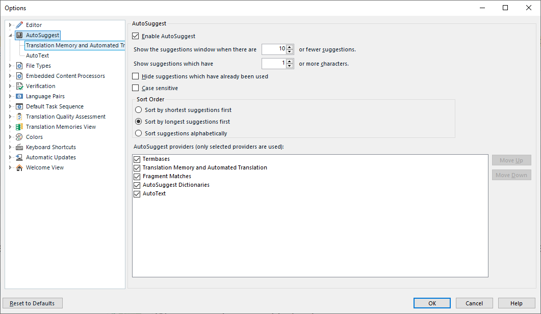 Trados Studio Options window showing AutoSuggest settings with options to enable AutoSuggest, show suggestions window, hide used suggestions, case sensitivity, sort order, and selected AutoSuggest providers.
