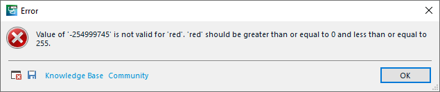 Error message in Trados Studio stating 'Value of '-254999745' is not valid for 'red'. 'red' should be greater than or equal to 0 and less than or equal to 255.' with an OK button and links to Knowledge Base and Community.