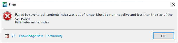 Error dialog box in Trados Studio stating 'Failed to save target content: Index was out of range. Must be non-negative and less than the size of the collection. Parameter name: index' with an OK button.