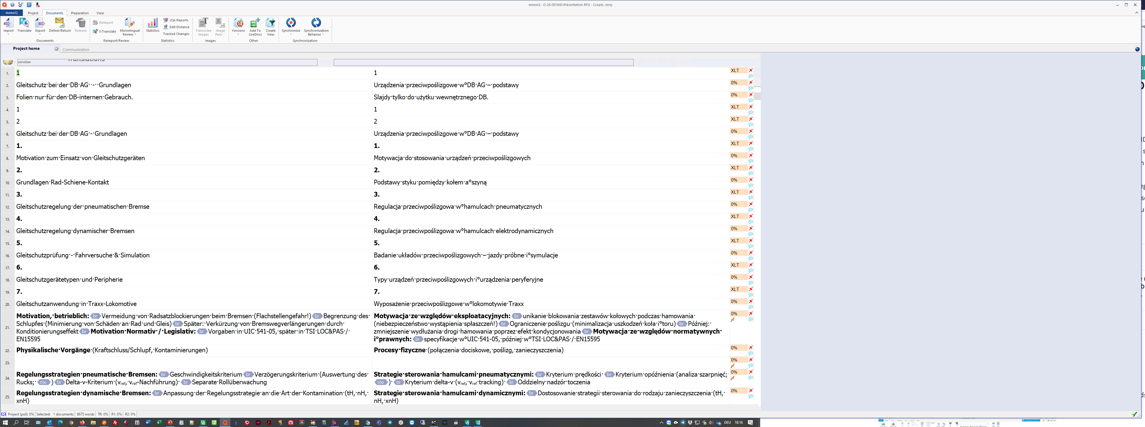 Screenshot of memoQ translation software with text segments in two columns, showing source and target languages. Red XLT error icons indicate translation issues.