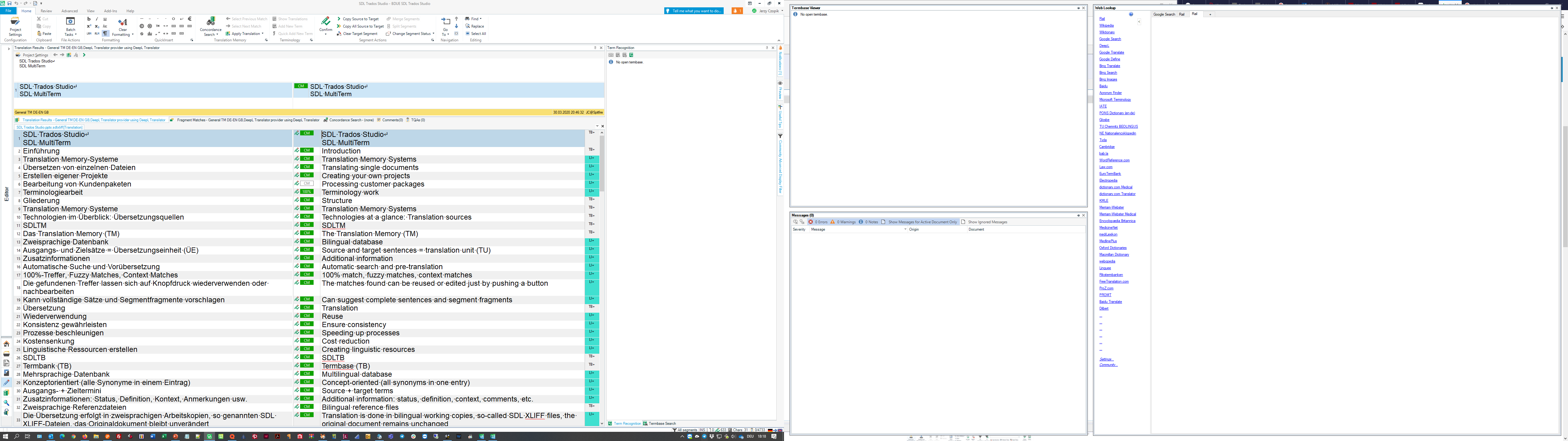 Screenshot of Trados Studio interface with two panels. Left panel displays a list of translation resources, right panel shows termbase viewer and web lookup on a secondary monitor.