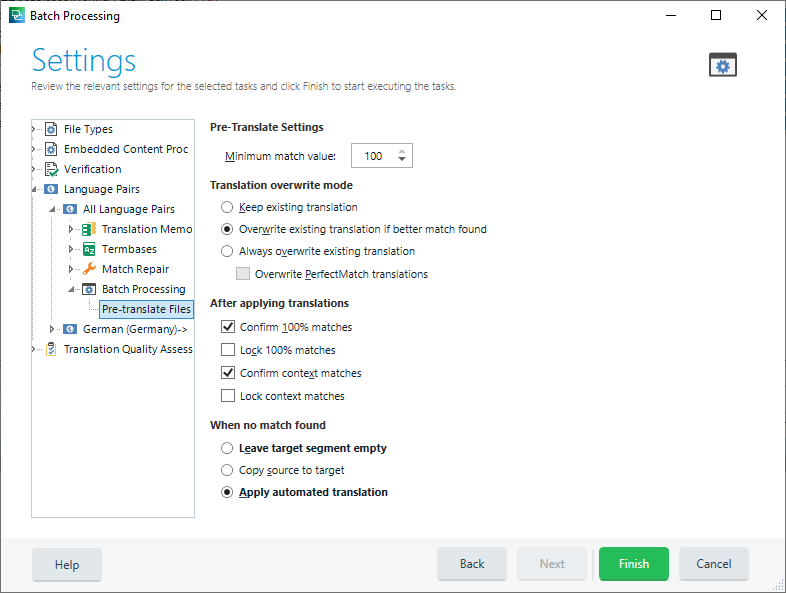 Trados Studio Batch Processing Settings window showing Pre-Translate Files settings with 'Minimum match value' set to 100 and 'Apply automated translation' selected for when no match is found.