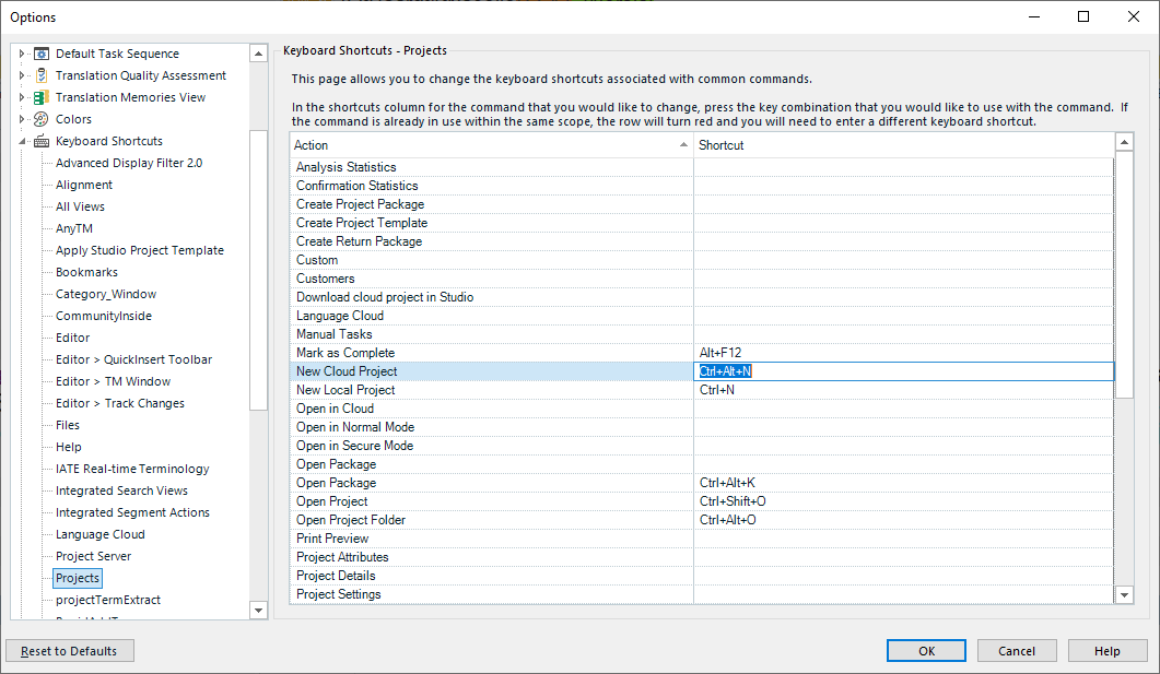 Trados Studio options window showing Keyboard Shortcuts for Projects. The shortcut Ctrl+Alt+N is highlighted for the action New Cloud Project.