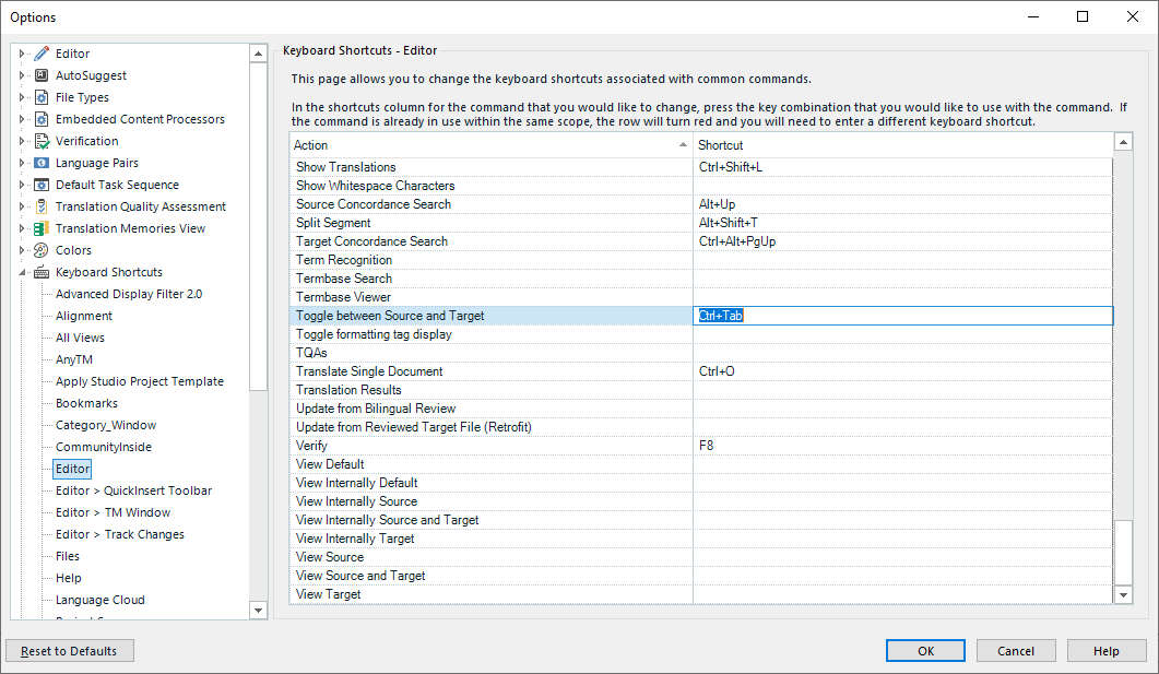 Trados Studio options window showing Keyboard Shortcuts for the Editor. The 'Toggle between Source and Target' function is highlighted with the shortcut 'Ctrl+Tab'. No visible errors or warnings.