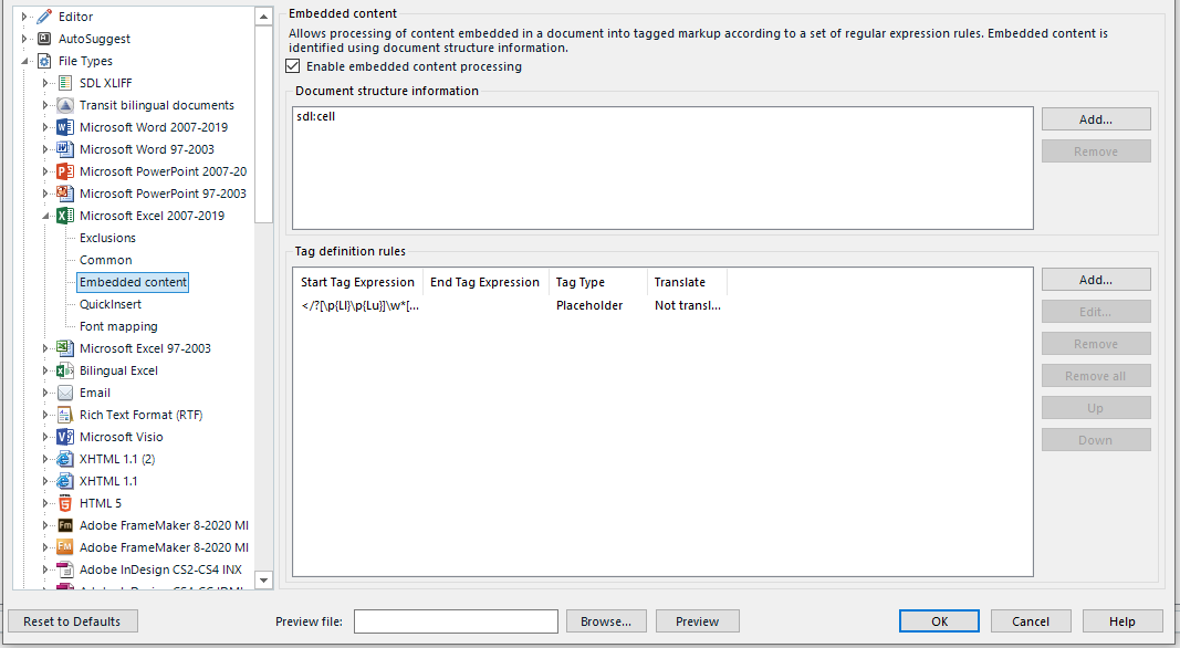 Trados Studio screenshot showing the Embedded content settings with a tag definition rule for a placeholder added to protect entities in Excel.