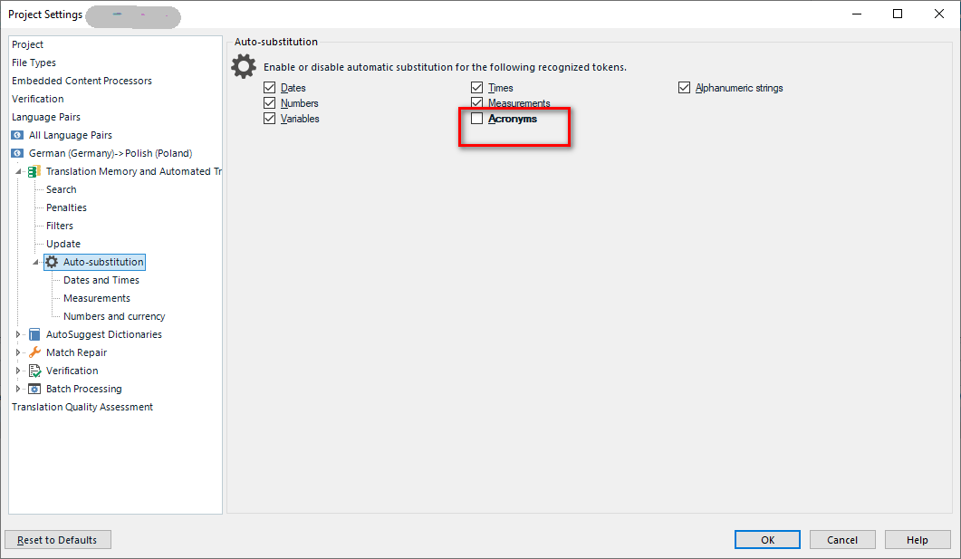 Trados Studio Project Settings window showing Auto-substitution section with Acronyms option unchecked and highlighted in red.