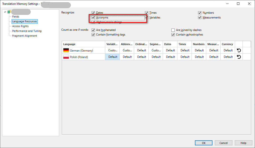 Trados Studio Translation Memory Settings window with Acronyms option checked and highlighted in red under the Recognize section.