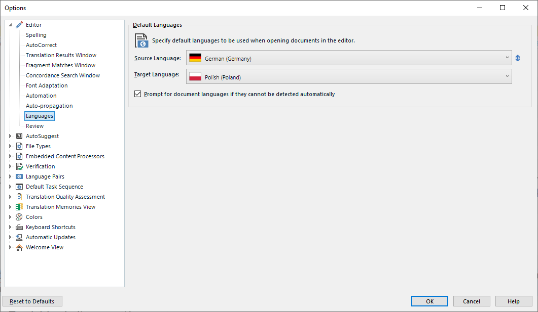 Trados Studio options window showing Default Languages settings with Source Language set to German (Germany) and Target Language set to Polish (Poland). Checkbox for 'Prompt for document languages if they cannot be detected automatically' is checked.