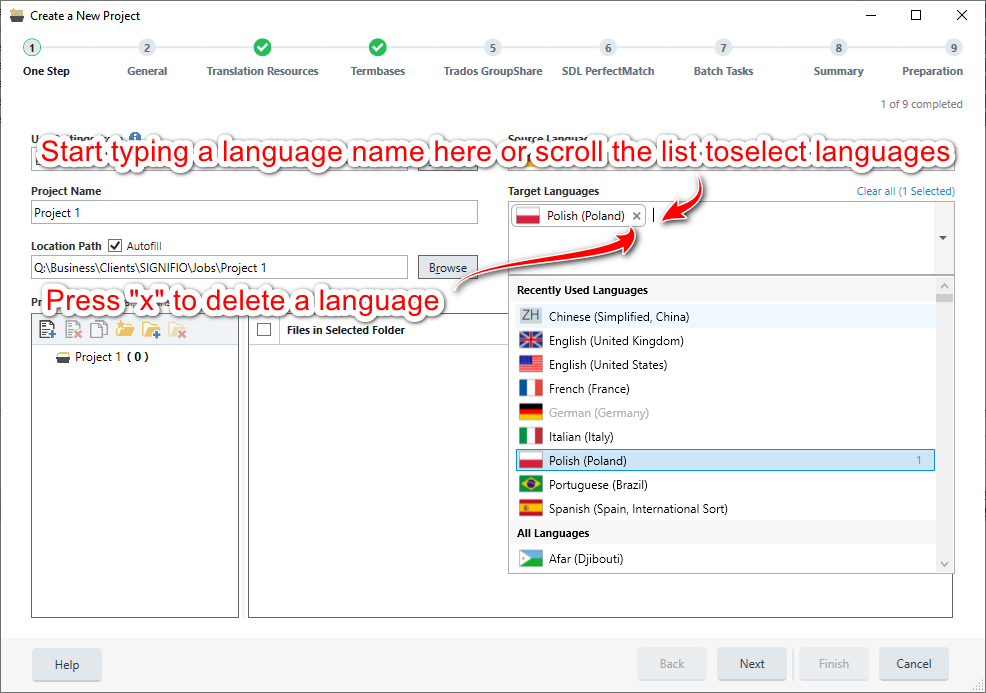 Trados Studio screenshot showing the 'Create a New Project' window with instructions to start typing a language name or select from the list, and an arrow pointing to the 'x' to delete a selected language.