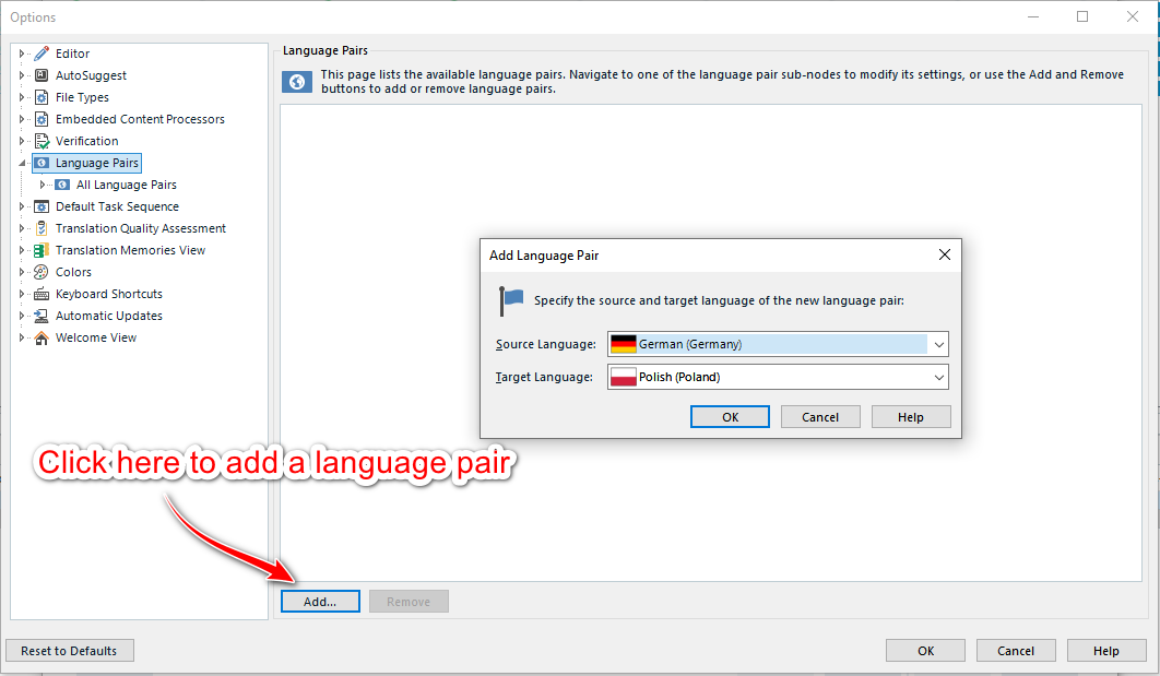 Trados Studio screenshot of the 'Options' menu with 'Language Pairs' selected, showing a dialog box to add a language pair with source language German and target language Polish, and an arrow pointing to the 'Add' button.