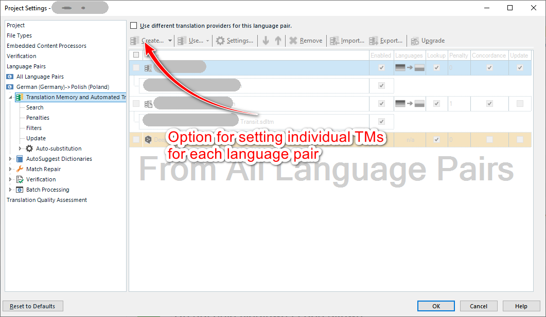Trados Studio screenshot showing the Project Settings window with an option highlighted for setting individual Translation Memories (TMs) for each language pair.