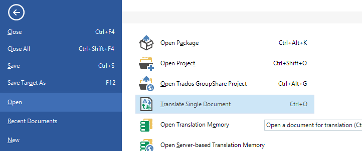 Trados Studio menu with 'Translate Single Document' option highlighted, showing the shortcut Ctrl+O.