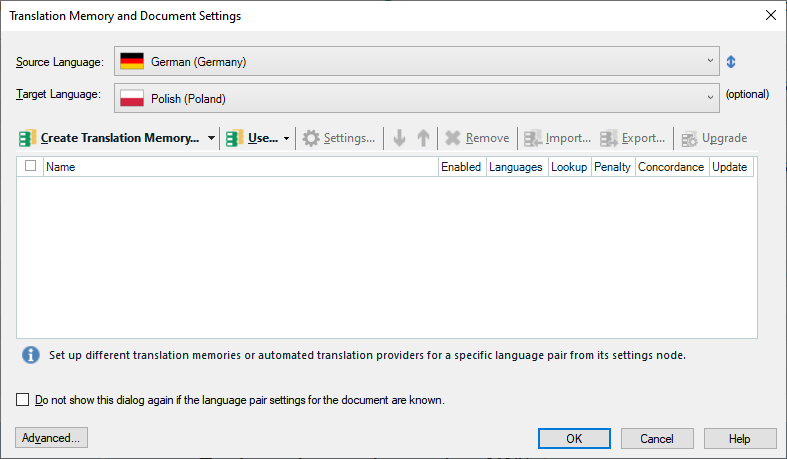 Translation Memory and Document Settings window in Trados Studio with options to create and select translation memories for German to Polish language pair.