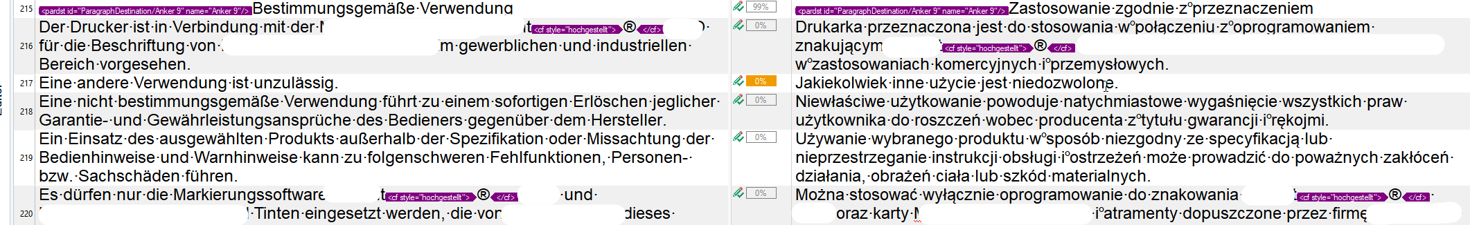 Screenshot of Trados Studio editor showing a segment with tag id 'ParagraphDestinationAnker 9' and partial tag text 'hochgestellt' in German.