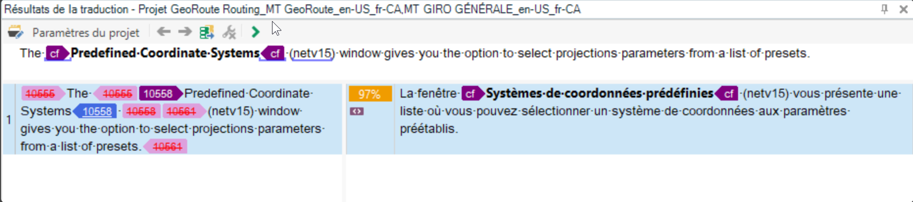 Trados Studio screenshot showing a translation segment with manual formatting and style tags applied, with a 97% match on the right pane.