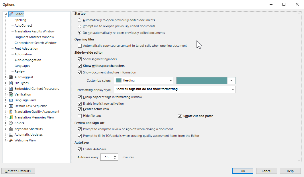 Trados Studio options menu with Editor settings displayed, including Startup options, Opening files, Side-by-side editor, Formatting display style, Review and Sign-off, and AutoSave settings.