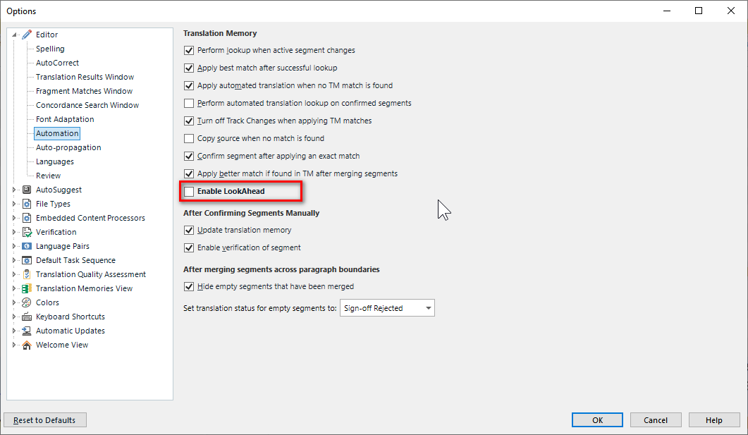 Trados Studio options menu with Translation Memory settings. 'Enable LookAhead' option is highlighted with a red box indicating it should be disabled for performance.
