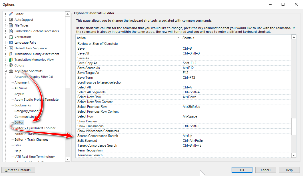 Trados Studio options window showing Editor settings with a list of keyboard shortcuts. Highlighted is 'Editor > QuickInsert Toolbar'. No visible errors or warnings.