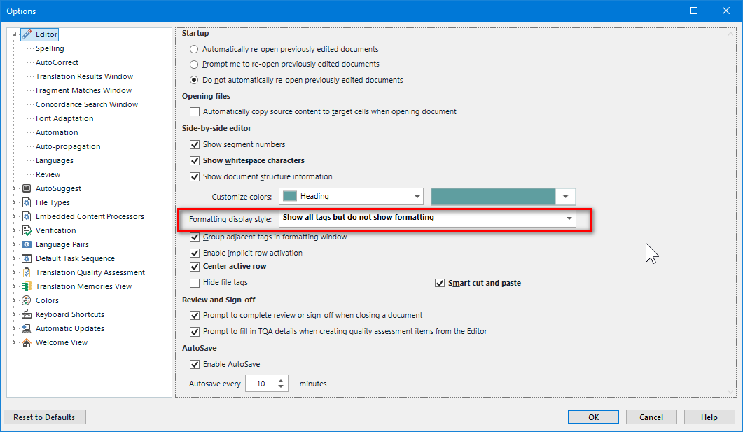 Trados Studio options menu with 'Formatting display style' dropdown selected showing 'Show all tags but do not show formatting'.