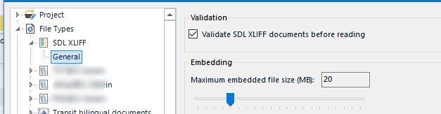 Trados Studio project settings window showing the Validation section with 'Validate SDL XLIFF documents before reading' option checked.
