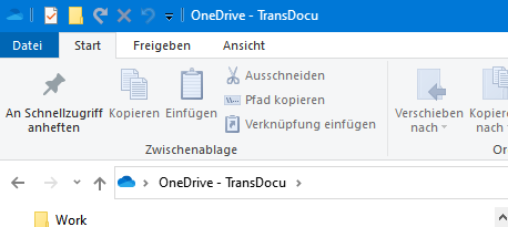 Screenshot of OneDrive - TransDocu folder with options to copy path and insert shortcut in the toolbar.