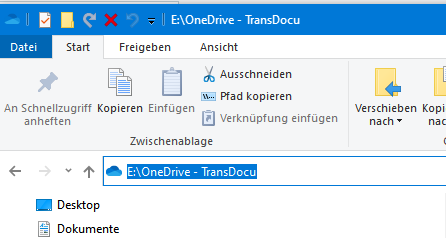 Screenshot showing the file path E:OneDrive - TransDocu with options to copy path and insert shortcut in the toolbar.